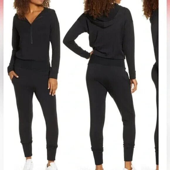 Beyond Yoga Jersey Knit Hooded Jogger Jumpsuit Playsuit Pockets Black size Large - Picture 2 of 10